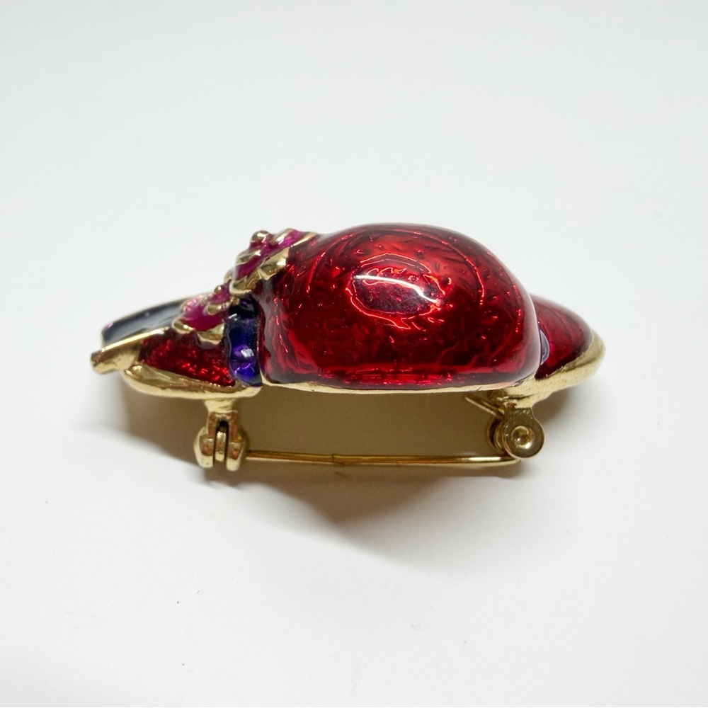 Enamel Rhinestone Floral Ribbon Red Hat Brooches - Picture 10 of 12